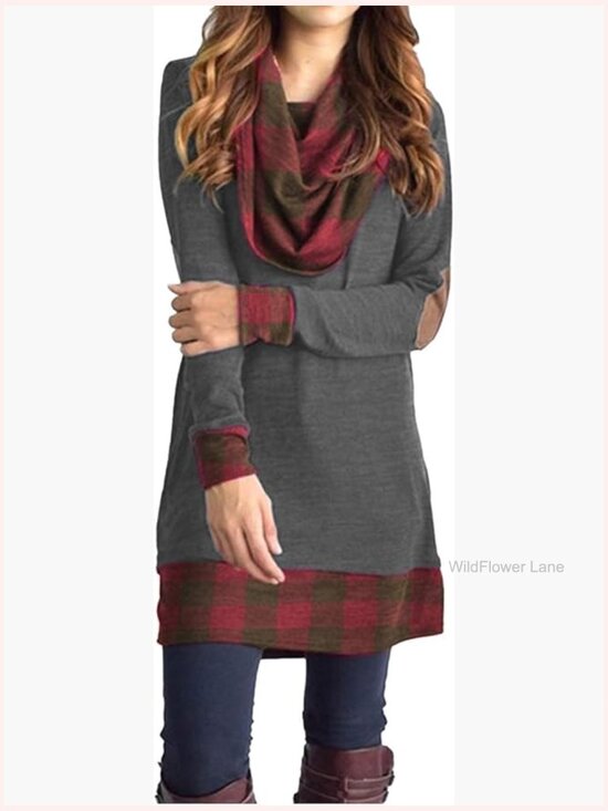 Tops - Women's Cowl Neck Color Block Tunic Top Long Sleeve Elbow Patches Loose Fit